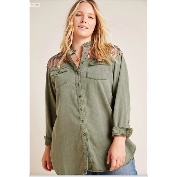ANTHROPOLOGIE Army Green Sequined Cargo Button Down Shirt // 14 - Picture 1 of 14